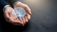Businessman hands holding glowing tree of life symbol representing growth, sustainability and environmental responsibility in corporate business concept.