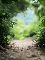 Tranquil dirt path through green foliage tunnel with soft blur effect and natural lighting, creating mysterious forest atmosphere for nature and outdoor designs.