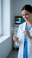 Female doctor using futuristic transparent tablet with holographic medical data display in modern hospital setting for healthcare technology applications.