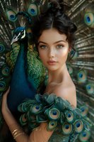 Enchanting portrait of a young woman with peacock, featuring natural makeup and dark upswept hair against vibrant peacock feathers background, perfect for beauty, fashion, and luxury advertising.
