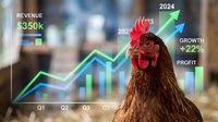 Brown hen with financial growth charts and profit statistics overlay showing business success and revenue increase in modern office setting.