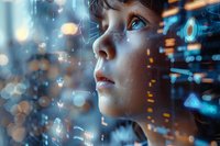 Young woman gazing at futuristic digital interface with glowing data visualization and bokeh lights reflecting on face in dark environment, side profile view.