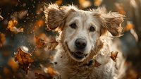 Happy golden retriever mix dog playing in autumn leaves with ears flying, seasonal pet portrait outdoors with warm bokeh background and falling foliage.