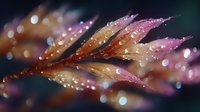 Delicate pink and orange feather with water droplets in macro photography against dark background, creating dreamy bokeh effect and magical atmosphere.