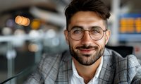 Confident young Caucasian businessman with beard and glasses smiling at camera. Modern office professional in plaid blazer represents success and leadership.