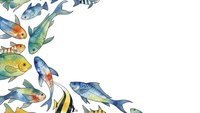 Watercolor fish frame border with tropical marine species on white background for aquatic design projects and ocean themed decorations.