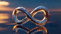 Metallic infinity symbol with golden reflections on water surface at sunset, representing endless possibilities and eternal concepts for business branding.