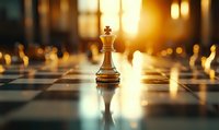 White king chess piece on chessboard with dramatic golden sunlight and bokeh effect, strategic business concept for leadership and success.
