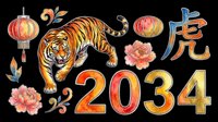 Lunar New Year 2034 tiger zodiac clipart set, isolated on transparent background. Includes lantern, peonies, and Chinese character. Great for stickers, t-shirt design, print on demand.