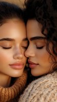 Two young women with closed eyes sharing intimate moment of connection and friendship in warm cozy sweaters with soft natural lighting for wellness concepts.