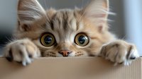 Curious kitten with big amber eyes peeking over edge of cardboard box, paws visible gripping surface. Close-up portrait shows detailed fur texture and playful expression.
