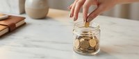 Woman's hand dropping a gold coin into a glass jar full of coins on a marble surface, symbolizing savings and financial planning.