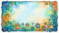 Colorful paw prints frame a watercolor gradient background transitioning from blue to orange, isolated on white for pet-related designs, greeting cards, and animal-themed projects.