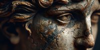 Weathered ancient stone sculpture face with intricate carved details showing signs of age and patina. Classical art statue fragment for historical projects.