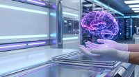 Futuristic holographic brain floating above open palm in modern data center with purple neon lighting. Artificial intelligence and neural network technology concept.