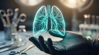 Holographic lungs floating above medical professional's gloved hand in modern healthcare facility. Digital anatomy visualization for respiratory medicine education.