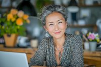 Mature Asian woman with gray hair smiling warmly at home office with laptop, wearing floral pattern blouse and silver earrings against blurred kitchen background.