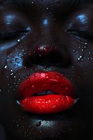 Close-up of bright red glossy lips against dark skin with glowing blue sparkles and dramatic makeup, creating mysterious and artistic beauty portrait.