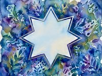 Watercolor floral frame with eight-pointed star center in blue purple tones. Botanical border with leaves and flowers for greeting cards and invitations.