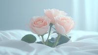 Delicate pink roses with soft green leaves resting on white fabric in gentle morning light, creating romantic and dreamy atmosphere for wedding and lifestyle designs.