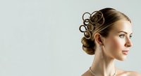 Young woman with long brown hair styled in an elegant updo with decorative hair clips, shown in profile against neutral background. Suitable for beauty, hairstyle, and salon marketing.