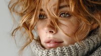 Young blonde woman with wavy hair wearing cozy knit sweater, natural makeup and freckles, close-up portrait with soft lighting for fashion and beauty concepts.