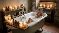 Young blonde woman relaxing in vintage clawfoot bathtub surrounded by glowing candles in rustic spa bathroom setting for wellness and self-care concepts.