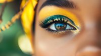 Close up of eye with vibrant yellow and green eyeshadow, gold glitter liner, and long false eyelashes against blurred background, showcasing creative makeup artistry.
