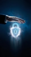 Business hand protecting glowing digital security shield with circuit patterns on dark blue background for cybersecurity and data protection concepts.
