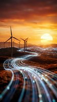 Wind turbines on hills with glowing energy trails at sunset representing renewable power and sustainable technology for environmental presentations.