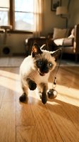 Siamese kitten with dark points and blue eyes running on wooden floor in sunlit living room with furniture and window in background.