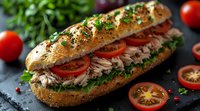 Fresh tuna sandwich with sliced tomatoes, herbs and greens on crusty baguette, garnished with parsley and peppercorns on dark background. Food photography.