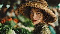 Young Asian woman in woven straw hat shopping at fresh produce market with vibrant vegetables in background for lifestyle and agriculture concepts.