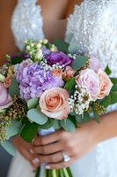 Bride holding elegant bouquet with peach roses, purple hydrangea, and baby's breath against white lace wedding dress, showcasing engagement ring and romantic floral details.