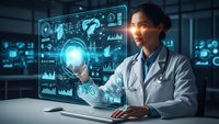 Female doctor interacting with futuristic holographic medical interface displaying global health data and diagnostic charts in modern healthcare facility.