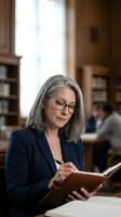 Mature Caucasian businesswoman with gray hair and glasses reading book in library, professional development and lifelong learning concept.