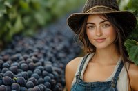 Young Caucasian woman in straw hat and denim overalls smiling at vineyard harvest with fresh purple grapes in background, representing farm life and wine production.