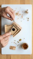 Hands assembling wooden birdhouse kit with tools and wood shavings on white workspace for DIY woodworking craft project.