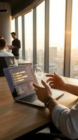 Business professional using laptop with digital innovation interface in modern office during golden hour sunset with city skyline view.