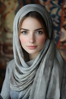 Young woman wearing light gray hijab against decorative background, with soft natural makeup and striking blue eyes looking directly at camera in gentle portrait.