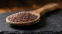 Coriander seeds in wooden spoon on dark slate surface. Aromatic spice ingredient for cooking, seasoning and culinary preparations in kitchen setting.
