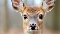 Young deer fawn face closeup showing big brown eyes and delicate facial features against soft blurred natural background, wildlife photography concept.