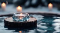 Crystal glass candle holder on wooden slice floating in tranquil water with glowing candlelight reflections creating serene spa atmosphere.