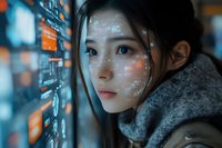 Young Asian woman with digital interface projections on face looking thoughtfully into distance against blue technological background with data visualization elements.
