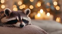 Sleepy raccoon resting on soft surface with warm golden bokeh lights in background creating cozy autumn or winter holiday atmosphere.