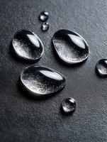 Clear water drops on dark surface with dramatic lighting and reflections, showing surface tension and natural liquid formation in macro photography.