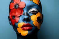 Creative beauty portrait of woman with blue skin art makeup, red lips, and vibrant orange and red flowers painted on face against blue background.