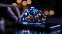 Glowing hologram house emerging from smartphone screen with blue neon lights and bokeh background creates futuristic smart home technology concept.