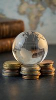 Crystal globe on stacked coins representing global finance, international investment, world economy and financial growth with warm lighting.