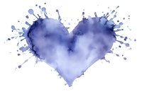 Purple watercolor heart with paint splashes isolated on white background for romantic designs and Valentine's Day projects.